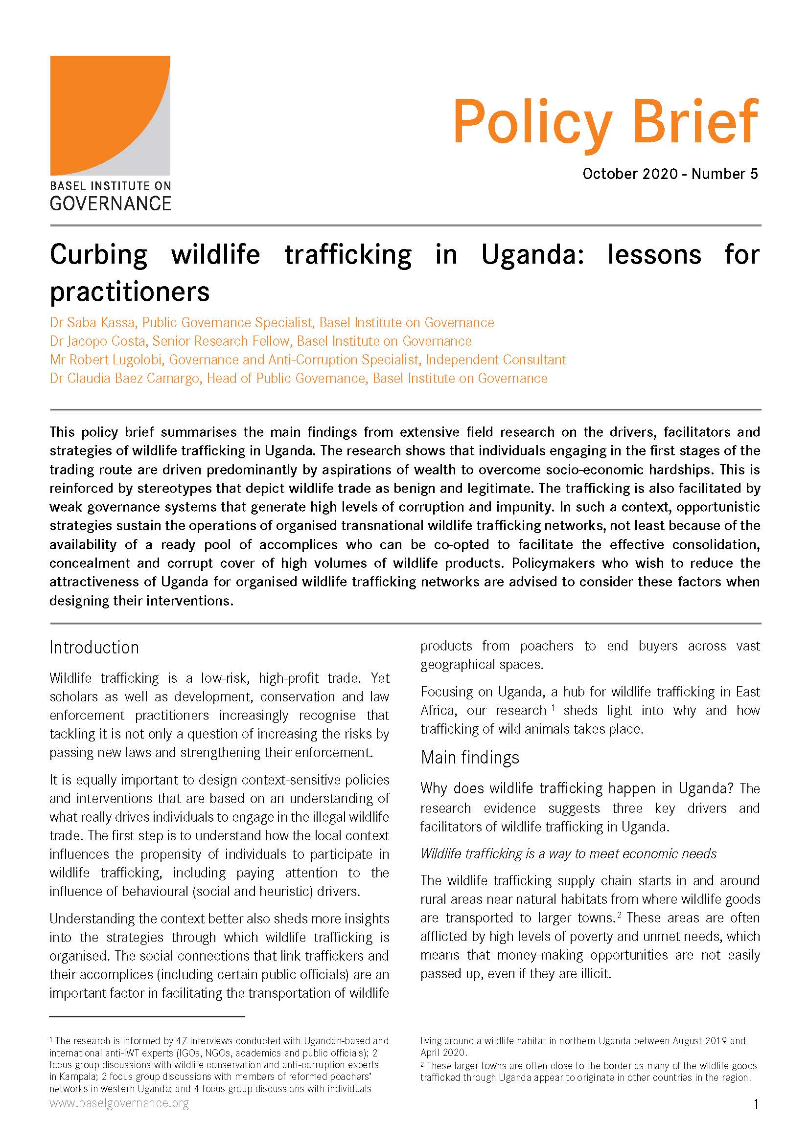 Policy brief - curbing wildlife trafficking in Uganda cover page