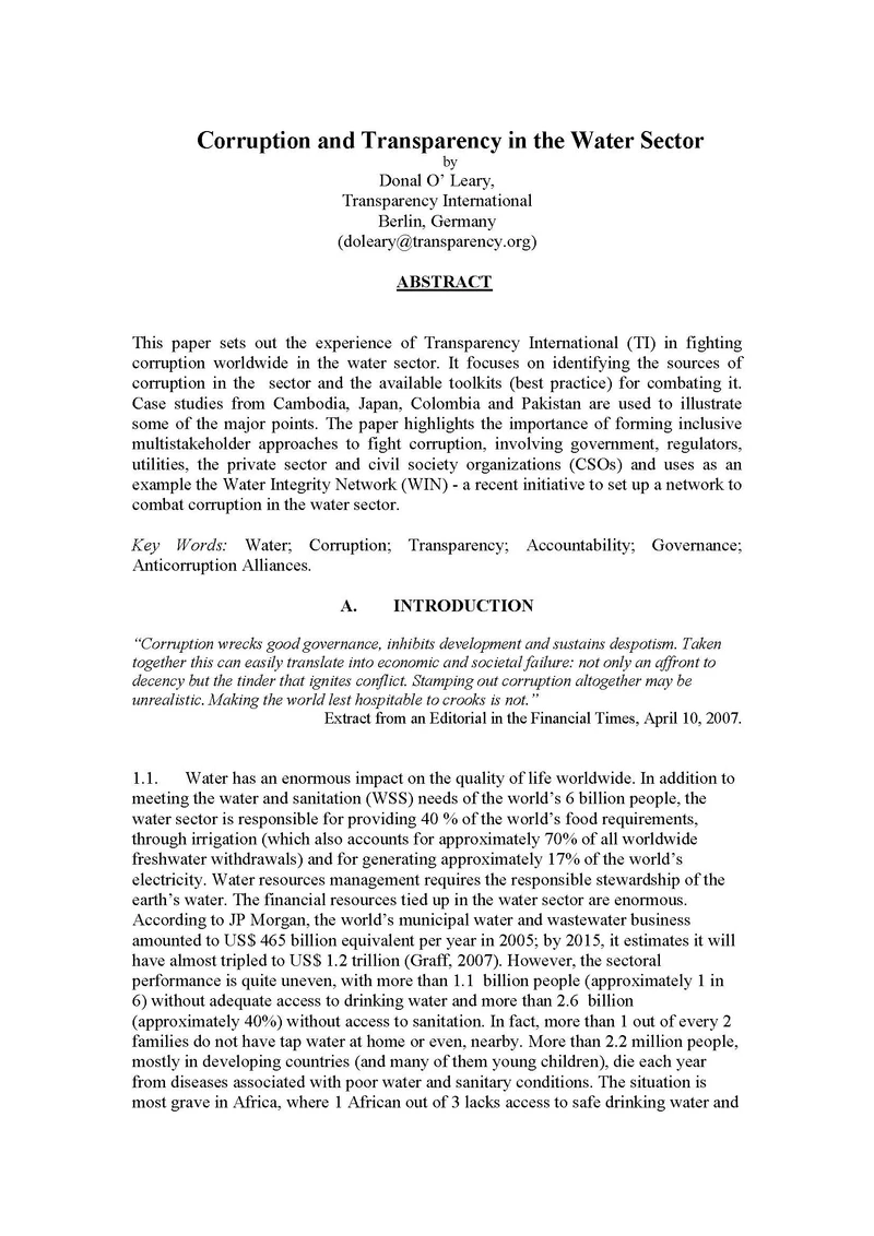 Corruption and Transparency in the Water Sector cover