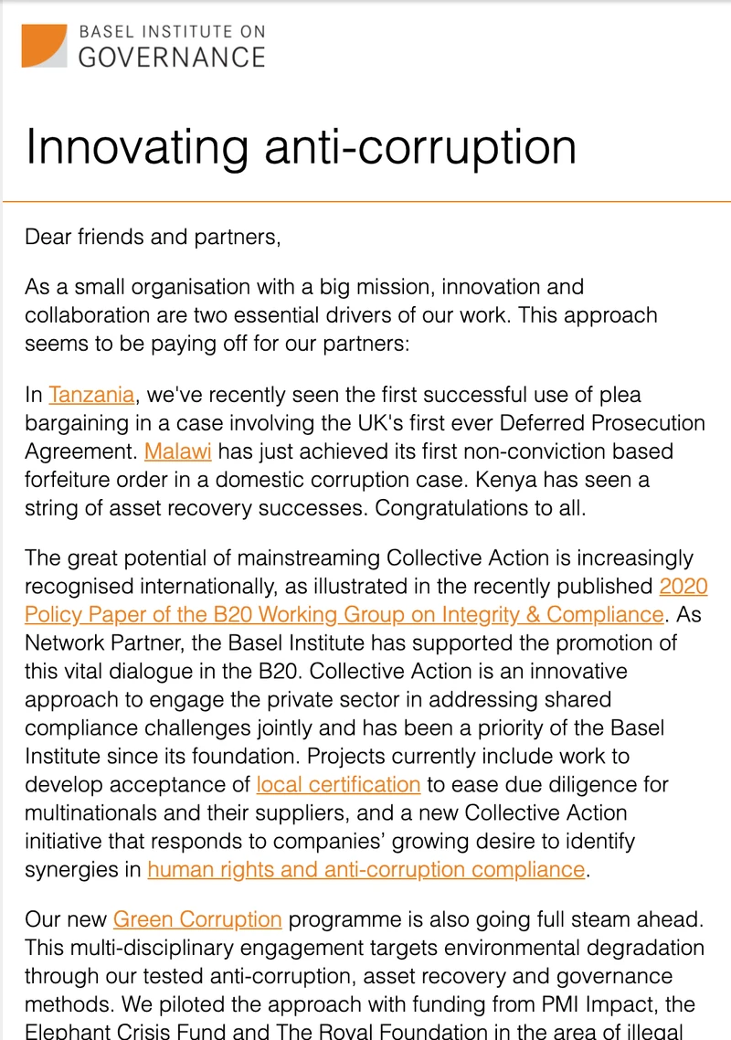 Basel Institute newsletter - October 2020 cover