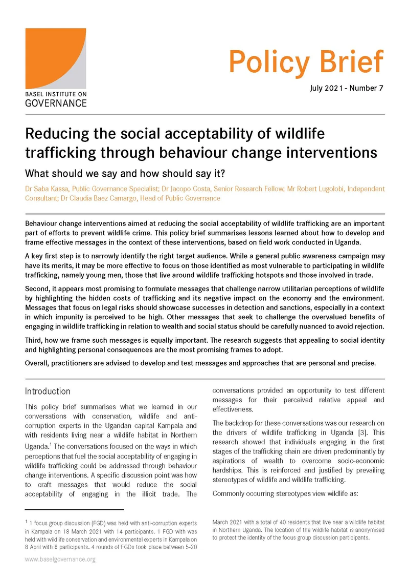 Policy Brief 7: Reducing the social acceptability of wildlife trafficking through behaviour change interventions cover