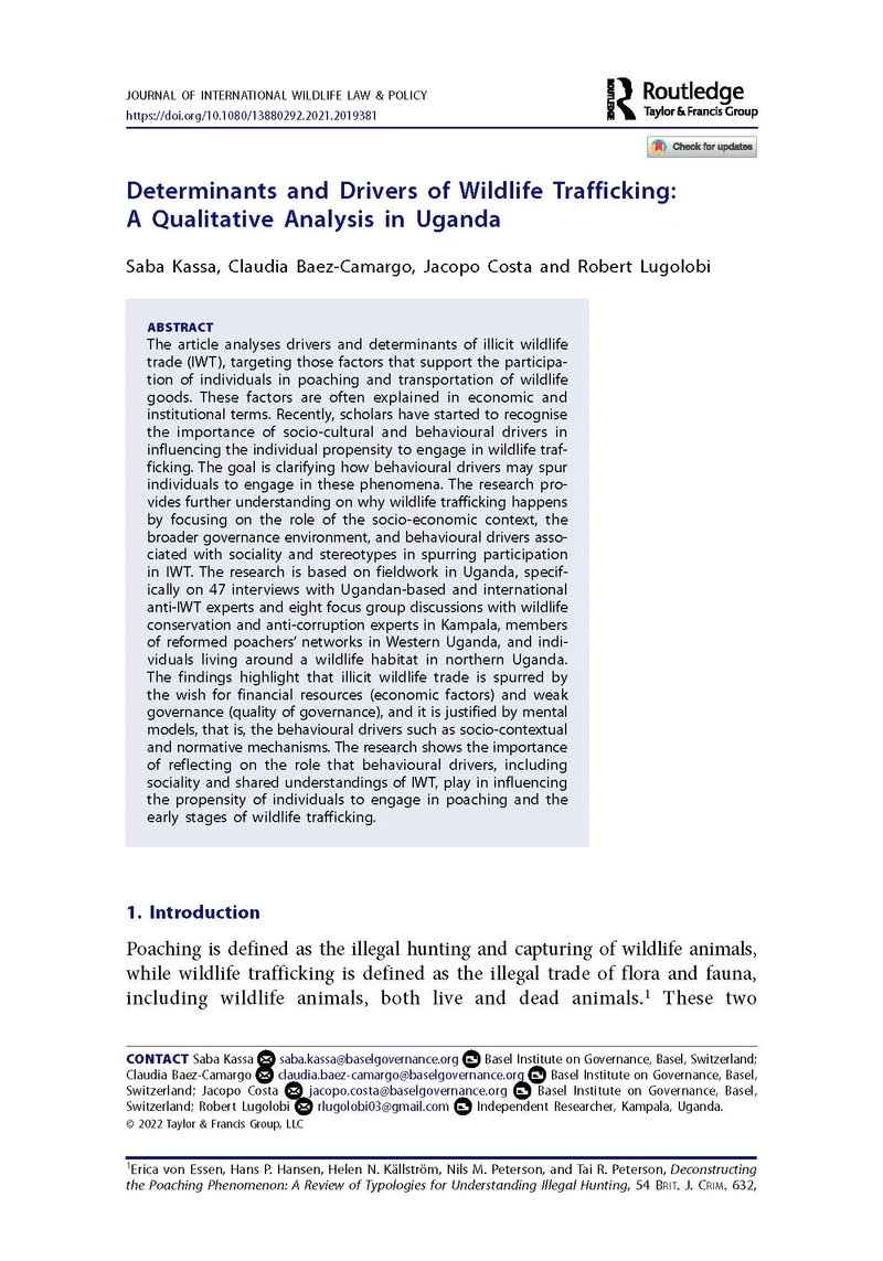 Determinants and drivers of wildlife trafficking: A qualitative analysis in Uganda cover