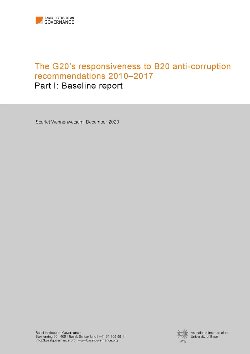 The G20’s responsiveness to B20 anti-corruption recommendations 2010–2017. Part I: Baseline report cover