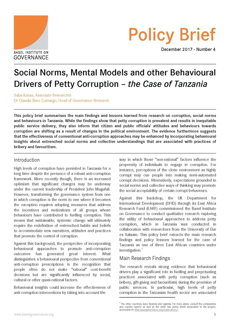 Policy Brief 4: Social norms, mental models and other behavioural drivers of petty corruption – the case of Tanzania cover