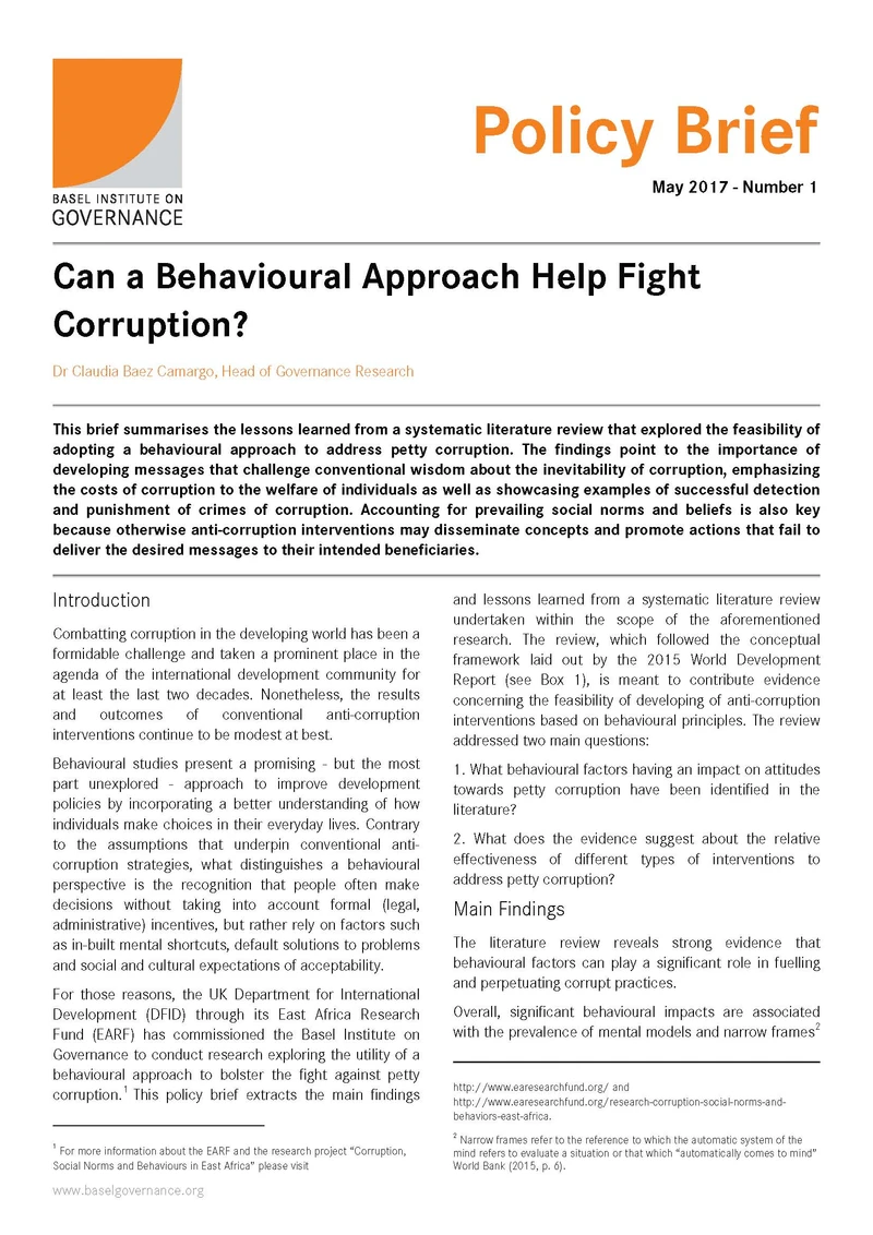Policy Brief 1: Can a behavioural approach help fight corruption? cover