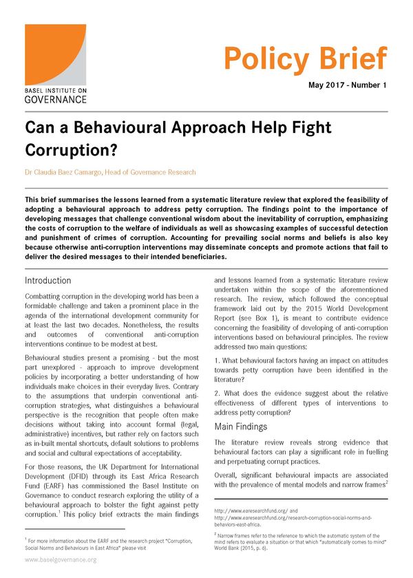 Policy Brief 1: Can a behavioural approach help fight corruption?