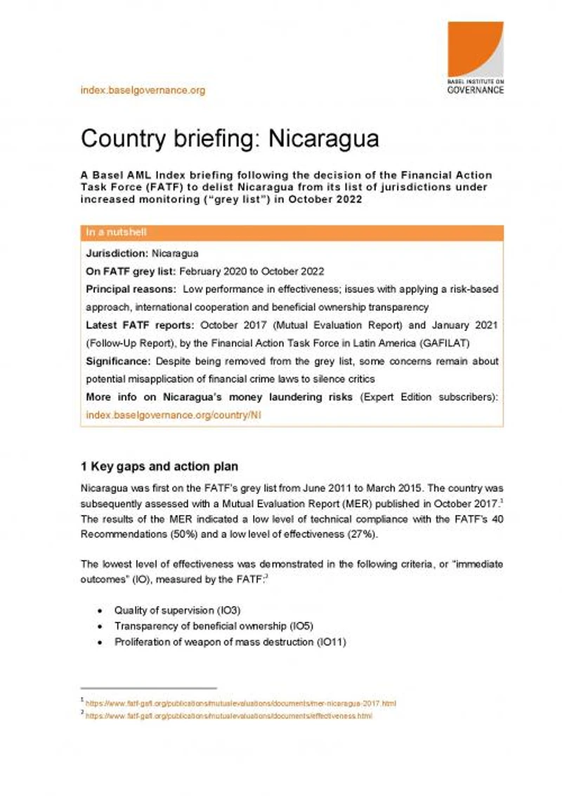 Basel AML Index briefing: Nicaragua's delisting from the FATF grey list cover