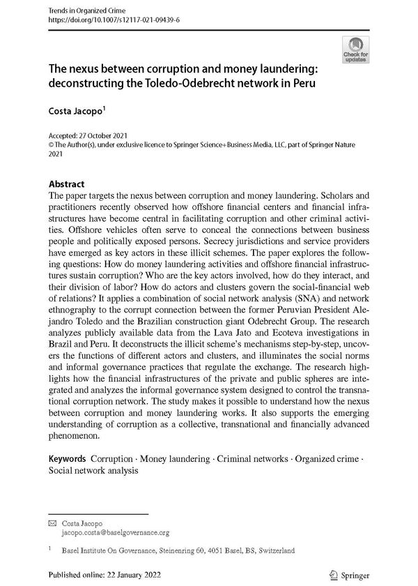 The nexus between corruption and money laundering: deconstructing the Toledo‑Odebrecht network in Peru