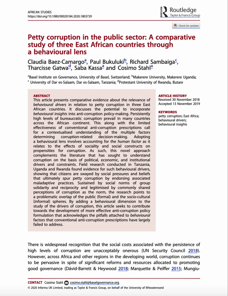 Petty corruption in the public sector: A comparative study of three East African countries through a behavioural lens cover