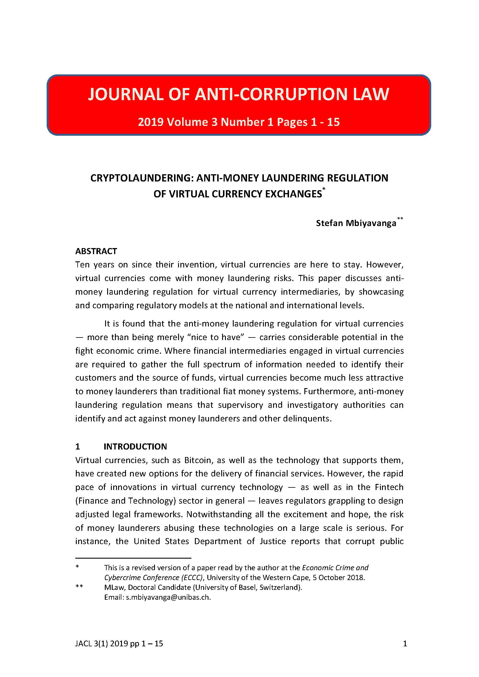Cryptolaundering: anti-money laundering regulation of virtual currency exchanges