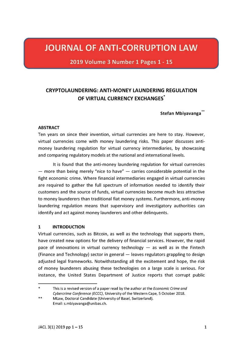 Cryptolaundering: anti-money laundering regulation of virtual currency exchanges cover