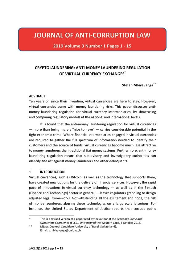 Cryptolaundering: anti-money laundering regulation of virtual currency exchanges
