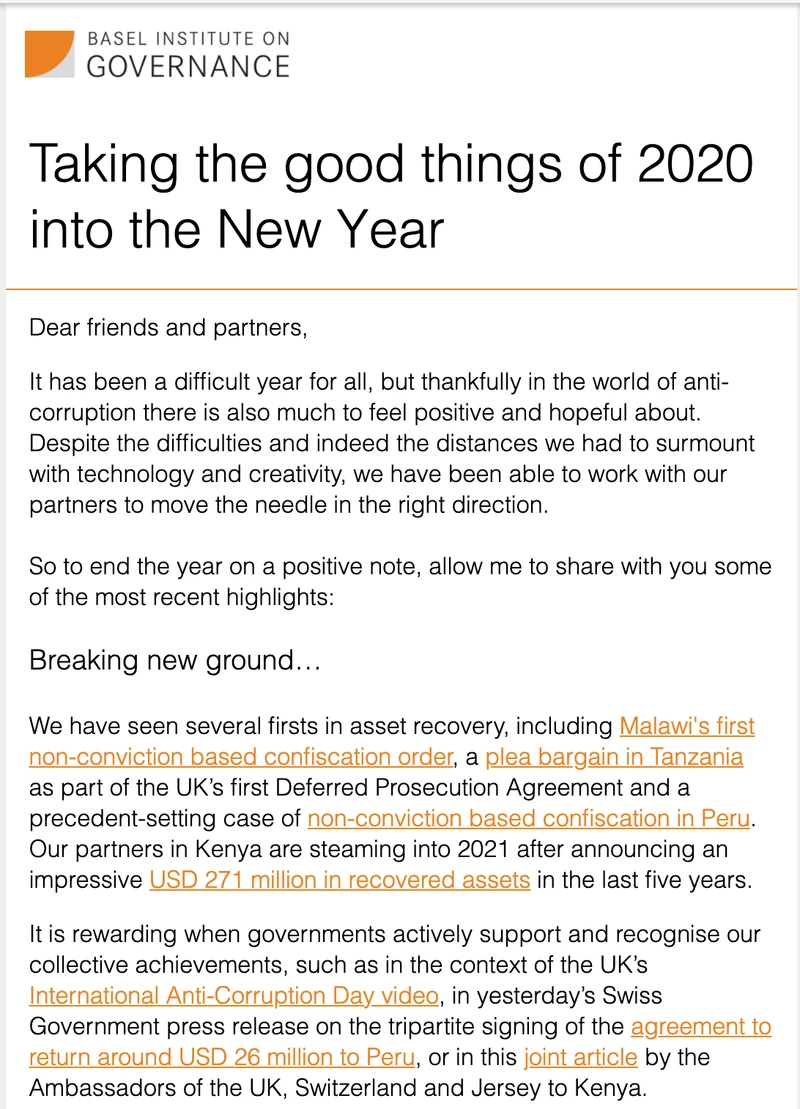 Basel Institute newsletter - Taking the good things of 2020 into the New Year cover