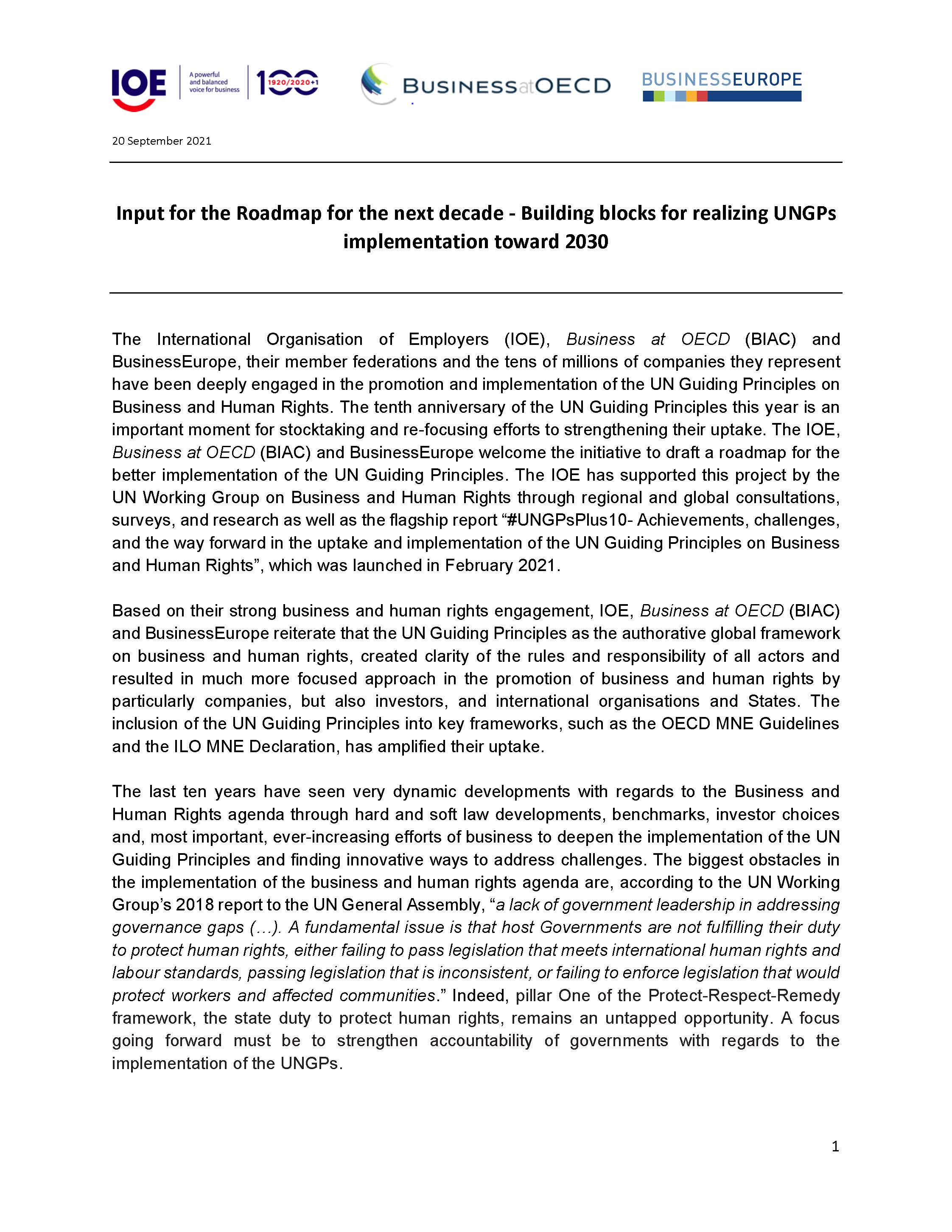 Input for the Roadmap for the next decade - Building blocks for realizing UNGPs implementation toward 2030