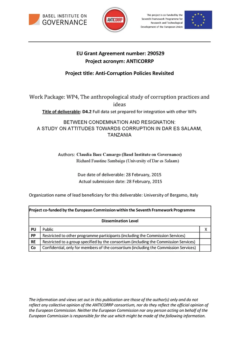 Between Condemnation and Resignation: A Study on Attitudes towards Corruption in Dar Es Salaam, Tanzania (ANTICORRP study) cover