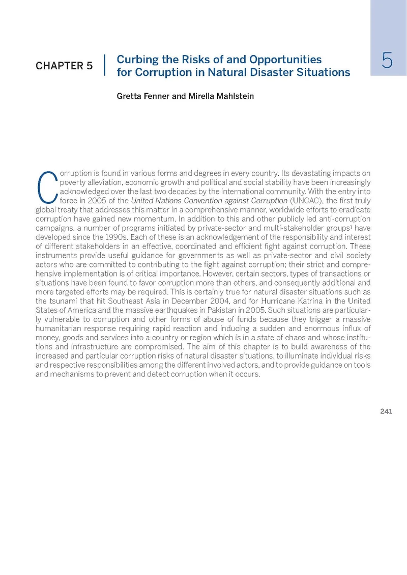 Curbing the risks of and opportunities for corruption in natural disaster situations cover