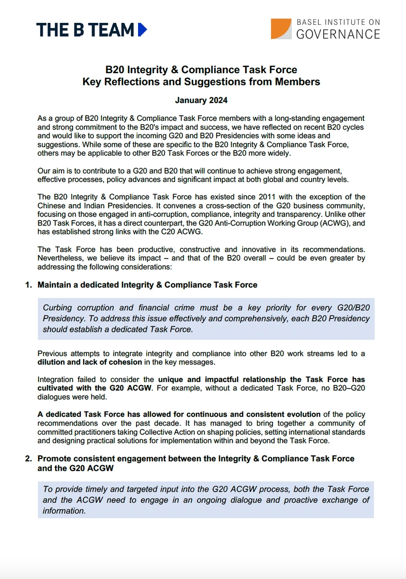 B20 Integrity and Compliance Task Force – Key Reflections and Suggestions from Members cover