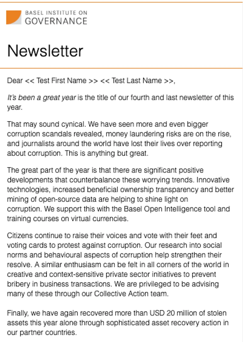 Basel Institute newsletter – December 2018 cover