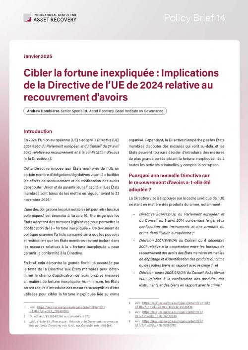 Policy Brief 14: Cibler la fortune inexpliquée : Implications de la Directive de l’UE de 2024 relative au recouvrement d'avoirs