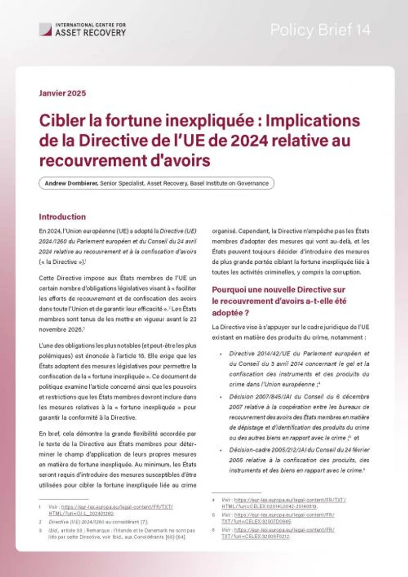 Policy Brief 14: Cibler la fortune inexpliquée : Implications de la Directive de l’UE de 2024 relative au recouvrement d'avoirs cover