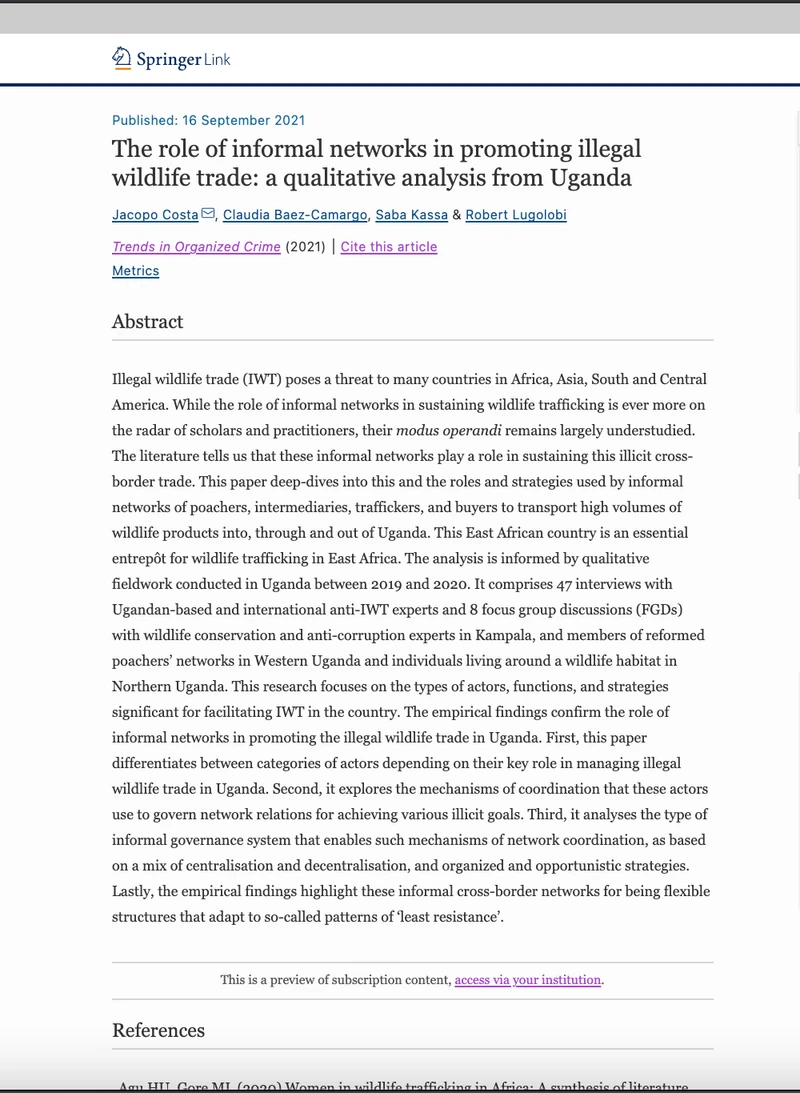 The role of informal networks in promoting illegal wildlife trade: a qualitative analysis from Uganda cover