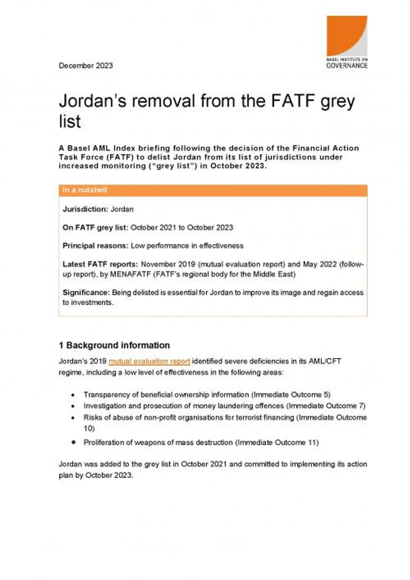 Basel AML Index briefing: Jordan's delisting from the FATF grey list cover