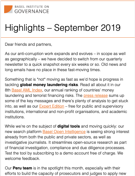 Basel Institute newsletter – September 2019