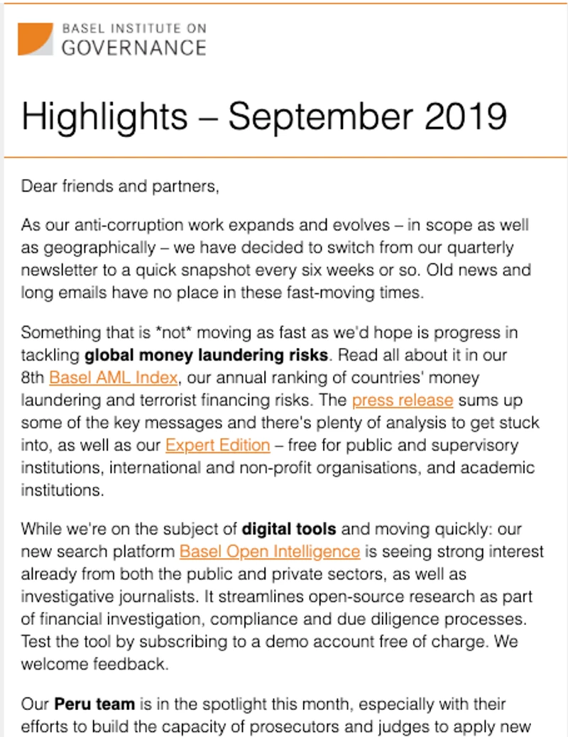 Basel Institute newsletter – September 2019 cover
