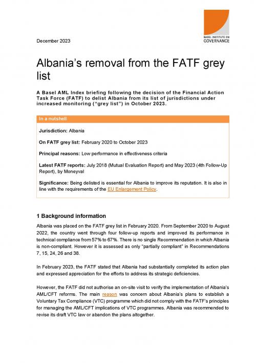 Basel AML Index briefing: Albania's delisting from the FATF grey list