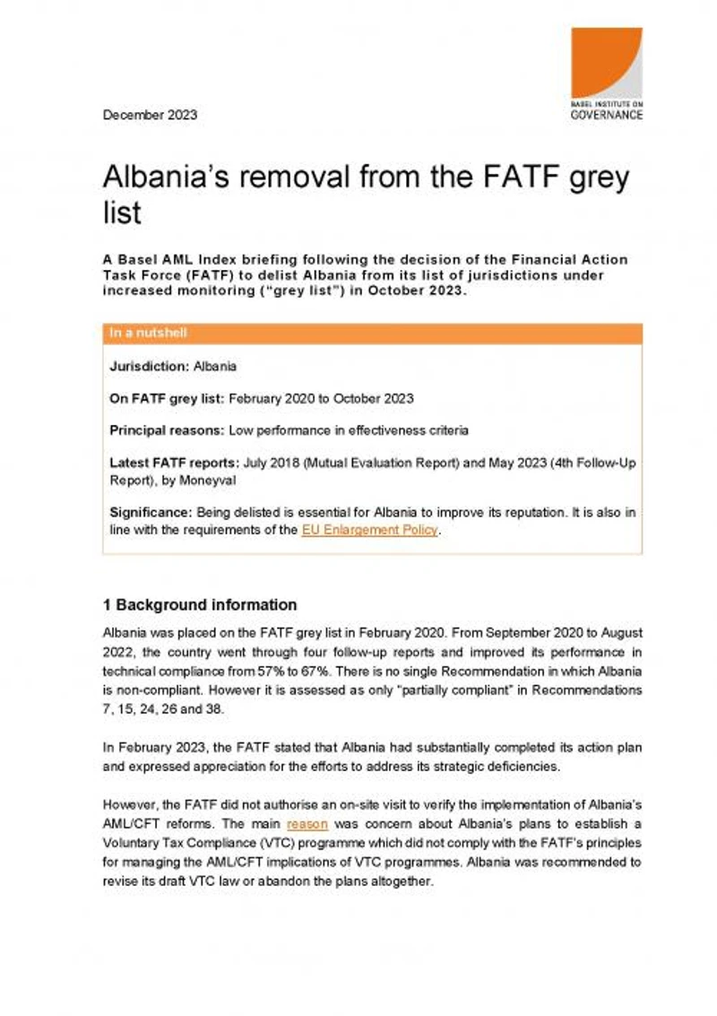 Basel AML Index briefing: Albania's delisting from the FATF grey list cover