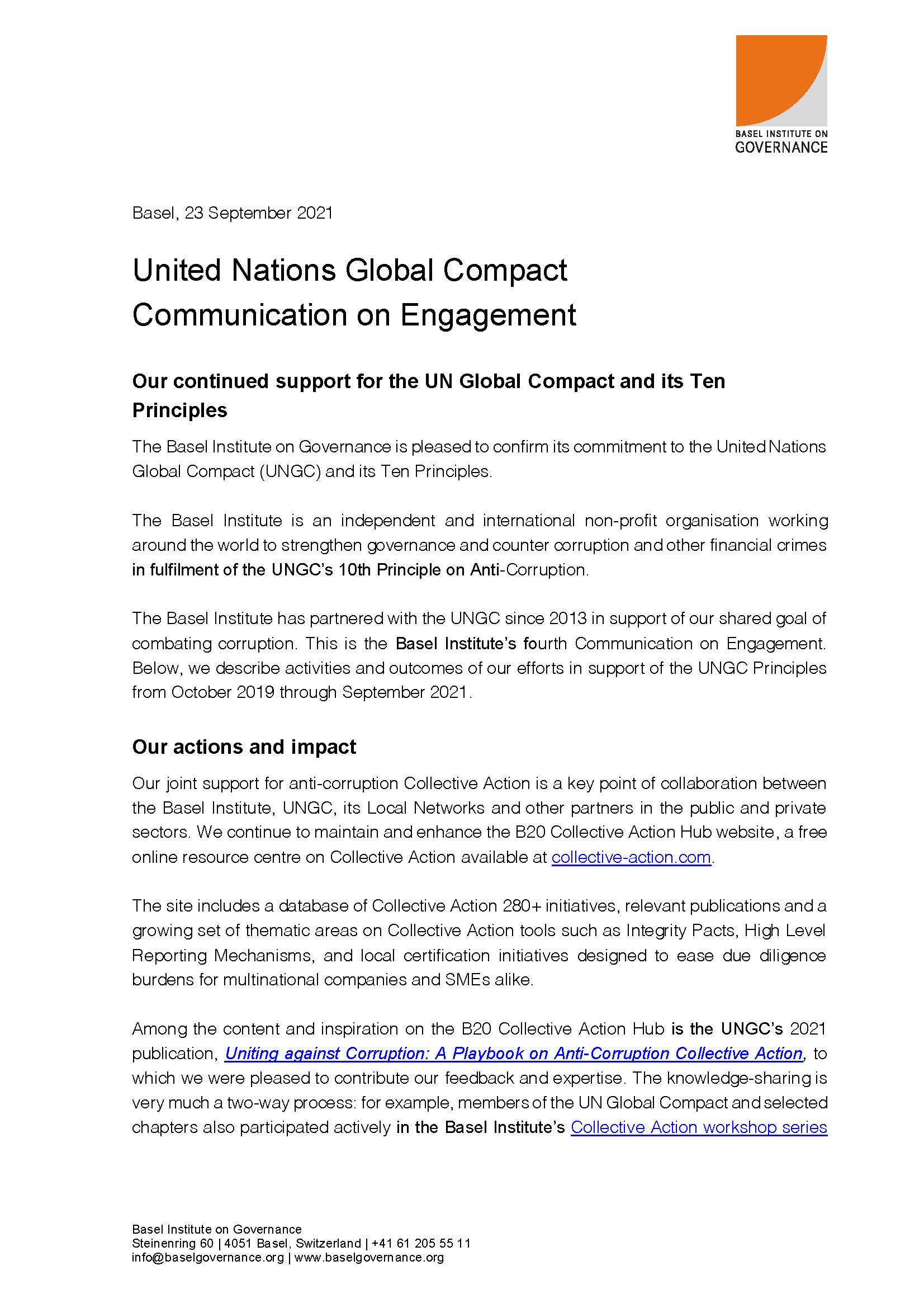 United Nations Global Compact: Communication on Engagement 2021