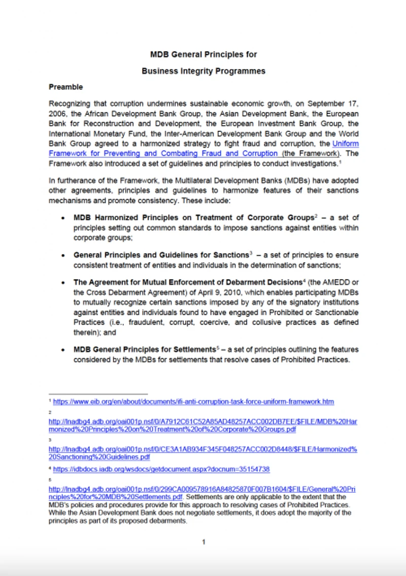 MDB General Principles for Business Integrity Programmes cover