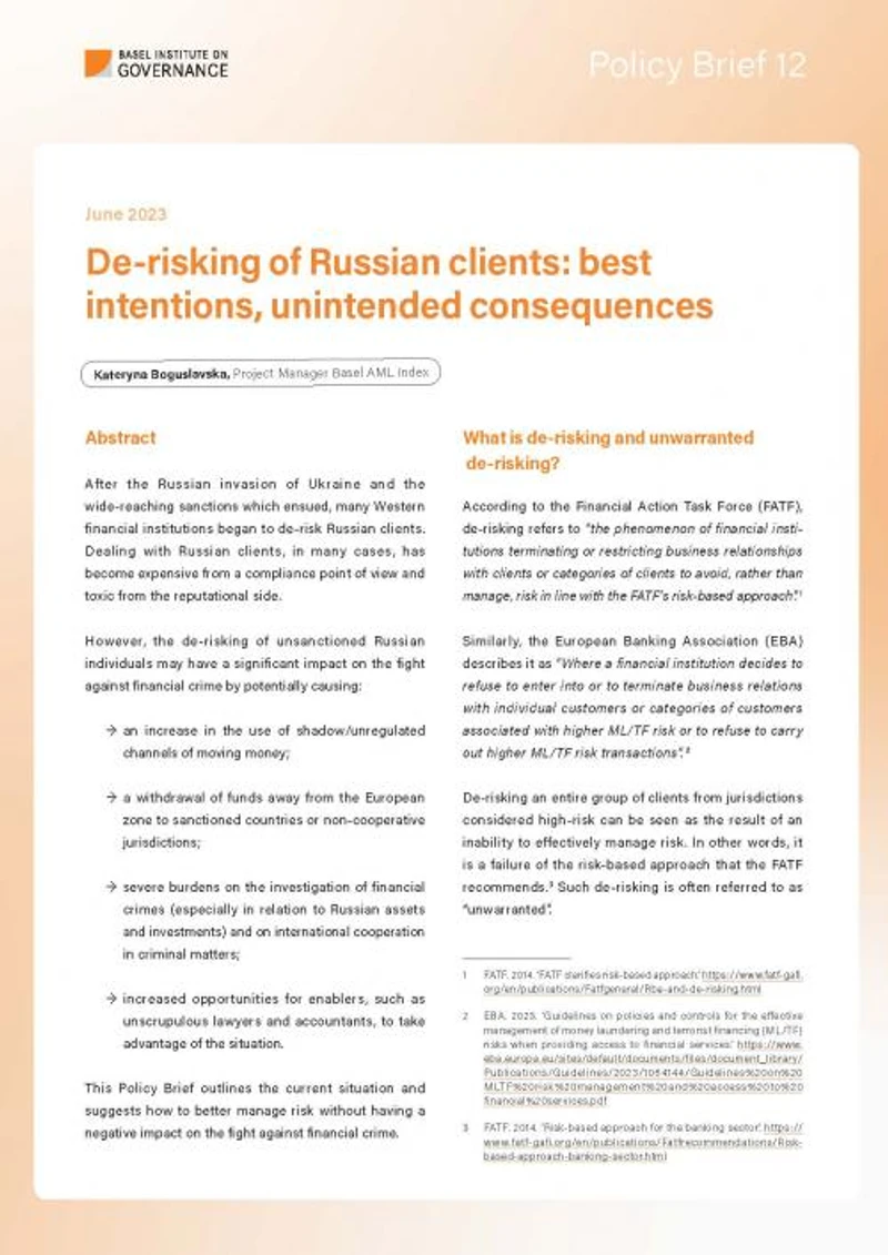 Policy Brief 12: De-risking of Russian clients: best intentions, unintended consequences cover