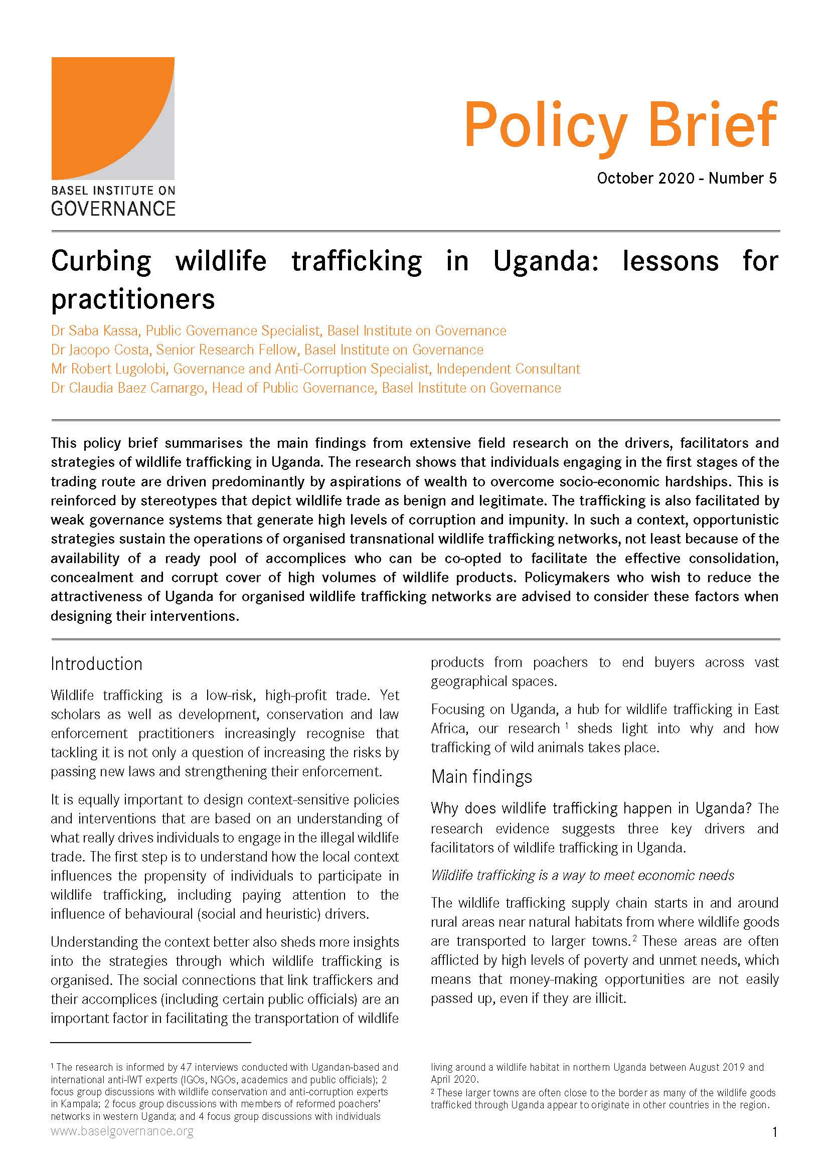 Policy Brief 5: Curbing wildlife trafficking in Uganda: lessons for practitioners
