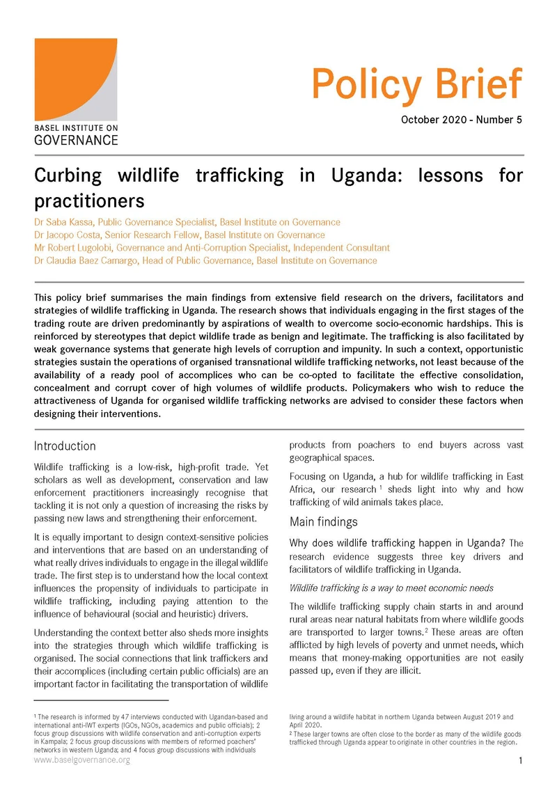 Policy Brief 5: Curbing wildlife trafficking in Uganda: lessons for practitioners cover