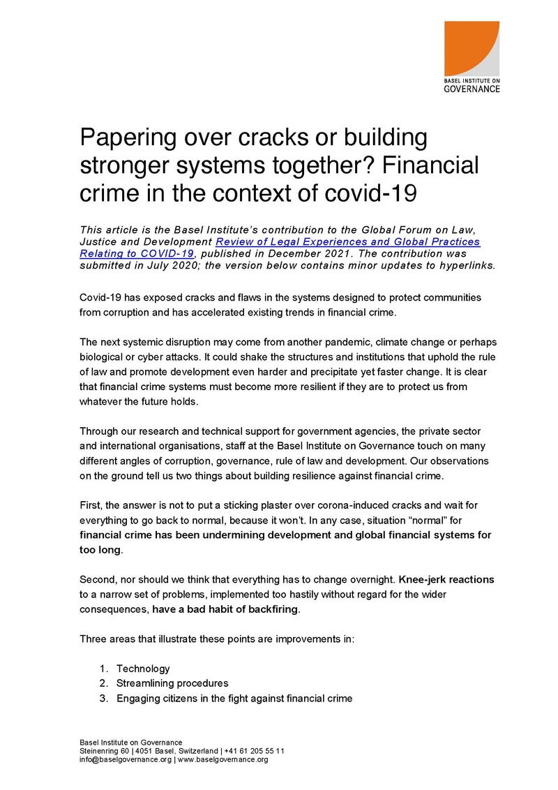 Papering over cracks or building stronger systems together? Financial crime in the context of covid-19 cover