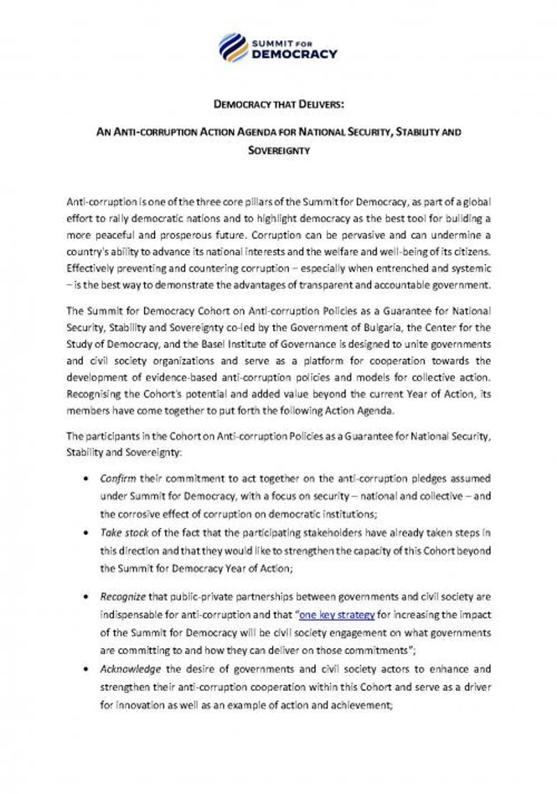 Action Agenda of the Anti-Corruption Policies Cohort of the Summit for Democracy cover