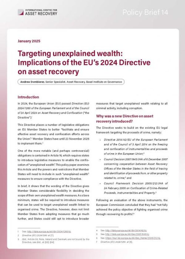 Policy Brief 14: Targeting unexplained wealth: Implications of the EU’s 2024 Directive on asset recovery