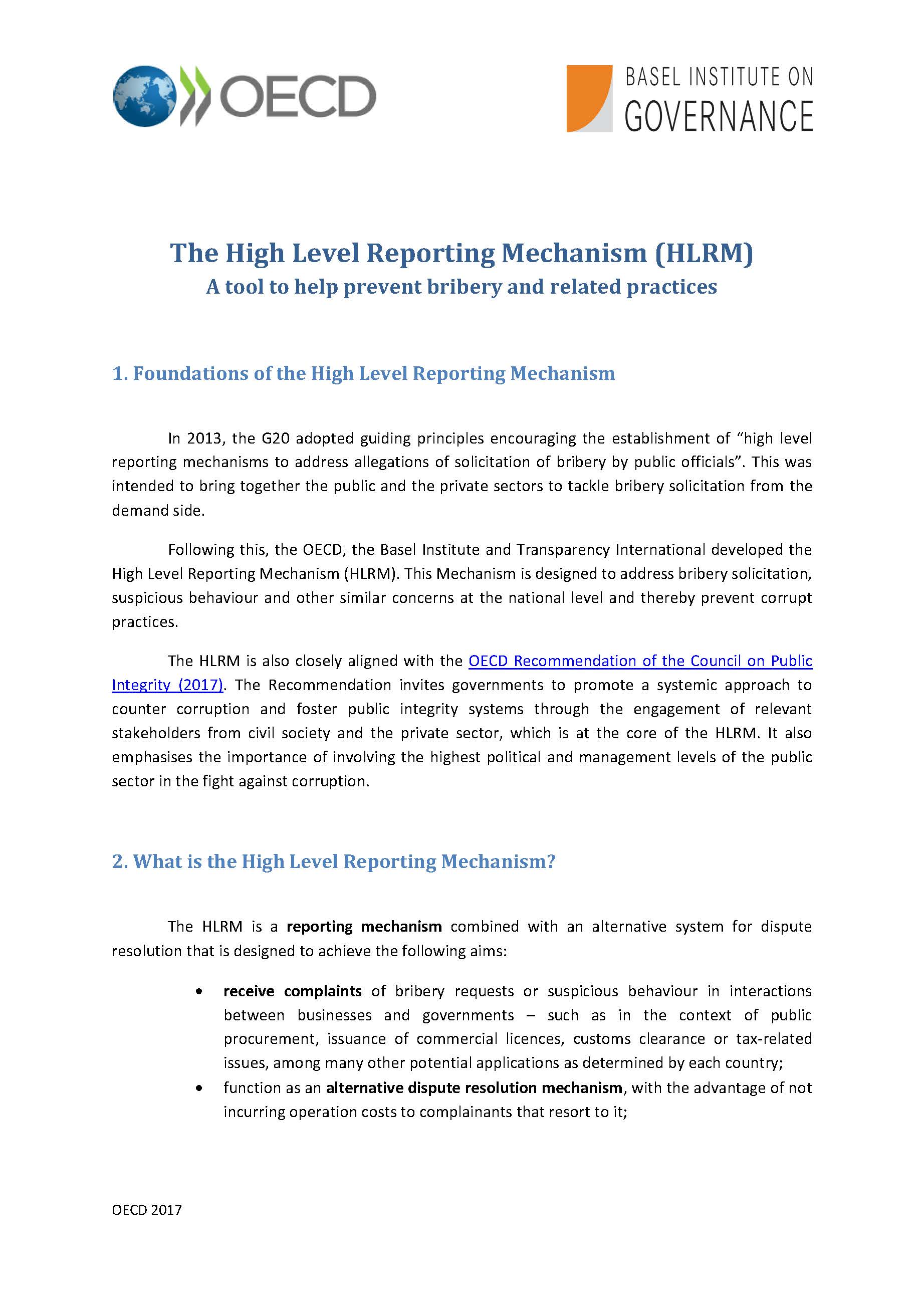 The High Level Reporting Mechanism (HLRM) – A tool to help prevent bribery and related practices