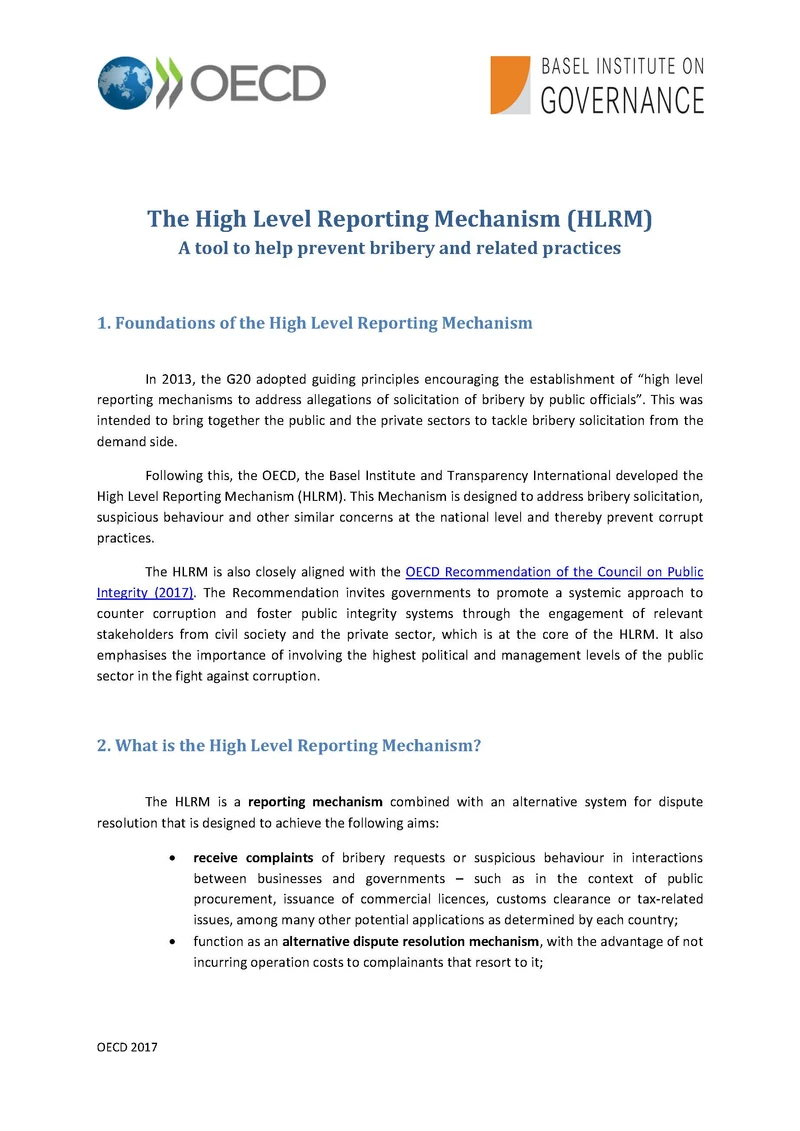 The High Level Reporting Mechanism (HLRM) – A tool to help prevent bribery and related practices cover