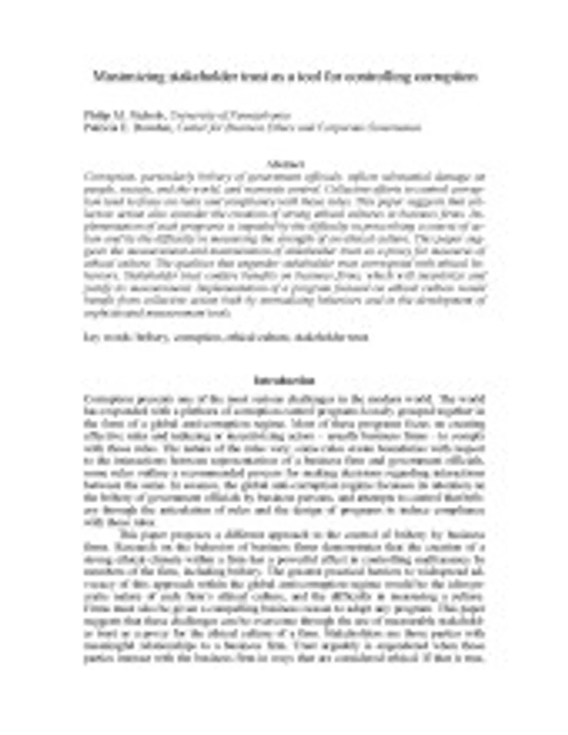 Maximizing stakeholder trust as a tool for controlling corruption cover
