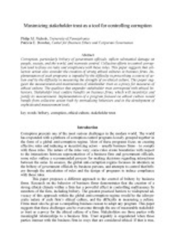 Maximizing stakeholder trust as a tool for controlling corruption