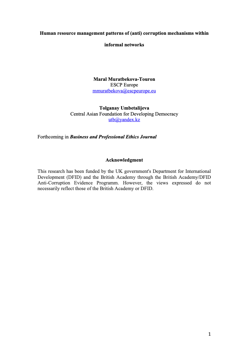 Human resource management patterns of (anti) corruption mechanisms within informal networks