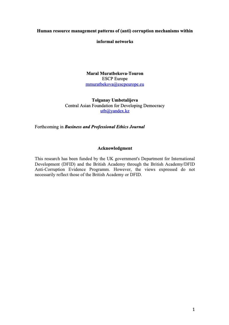 Human resource management patterns of (anti) corruption mechanisms within informal networks cover