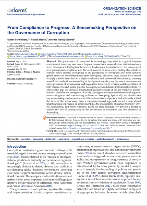 From Compliance to Progress: A Sensemaking Perspective on the Governance of Corruption