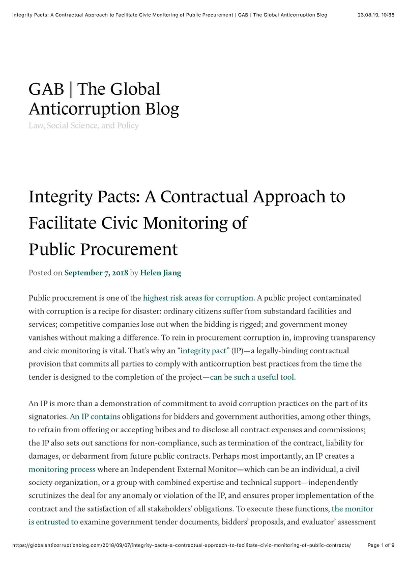 Integrity Pacts: A Contractual Approach to Facilitate Civic Monitoring of Public Procurement cover