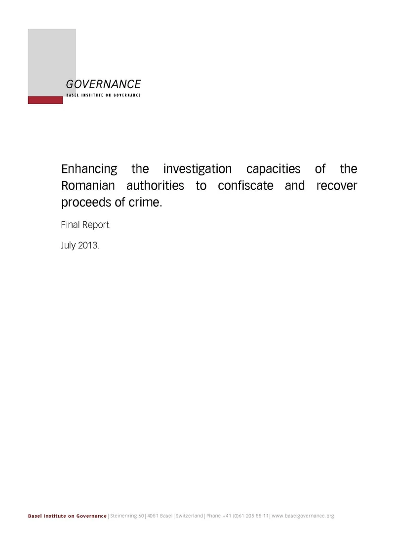 Enhancing the investigation capacities of the Romanian authorities to confiscate and recover proceeds of crime cover