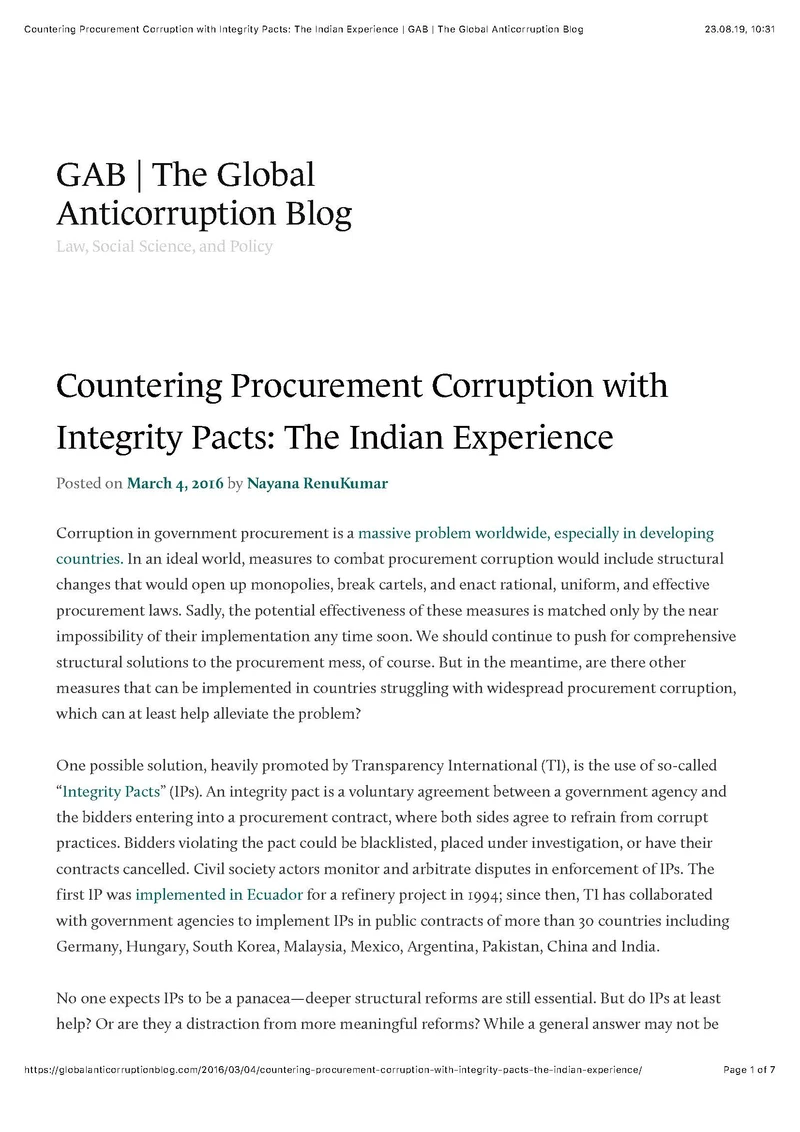 Countering Procurement Corruption with Integrity Pacts: The Indian Experience cover