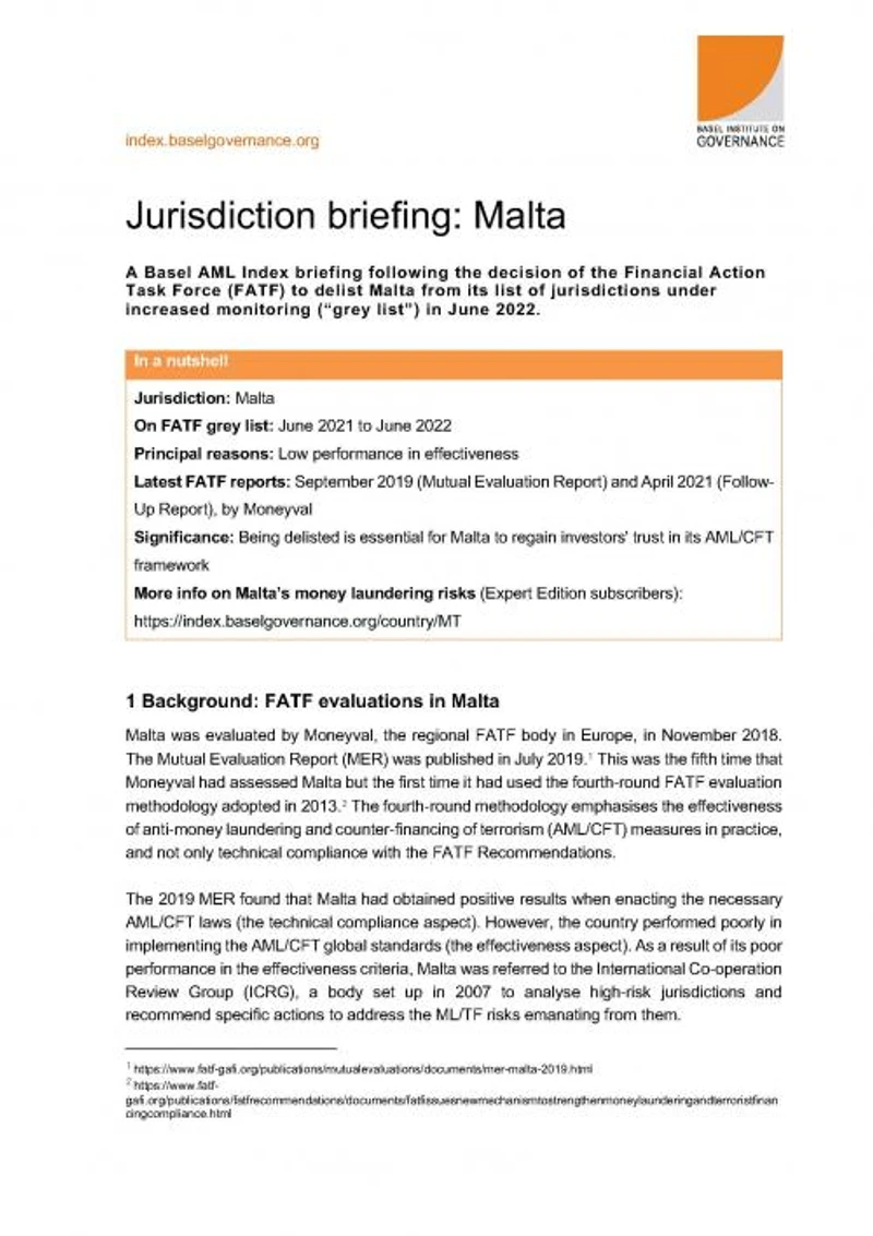 Basel AML Index briefing: Malta's delisting from the FATF grey list cover