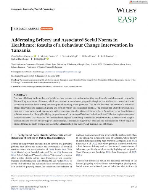 Addressing Bribery and Associated Social Norms in Healthcare: Results of a Behaviour Change Intervention in Tanzania