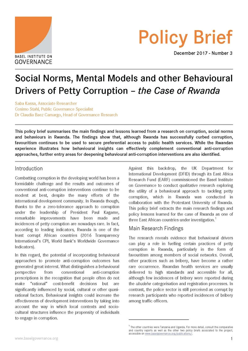Policy Brief 3: Social norms, mental models and other behavioural drivers of petty corruption – the case of Rwanda cover